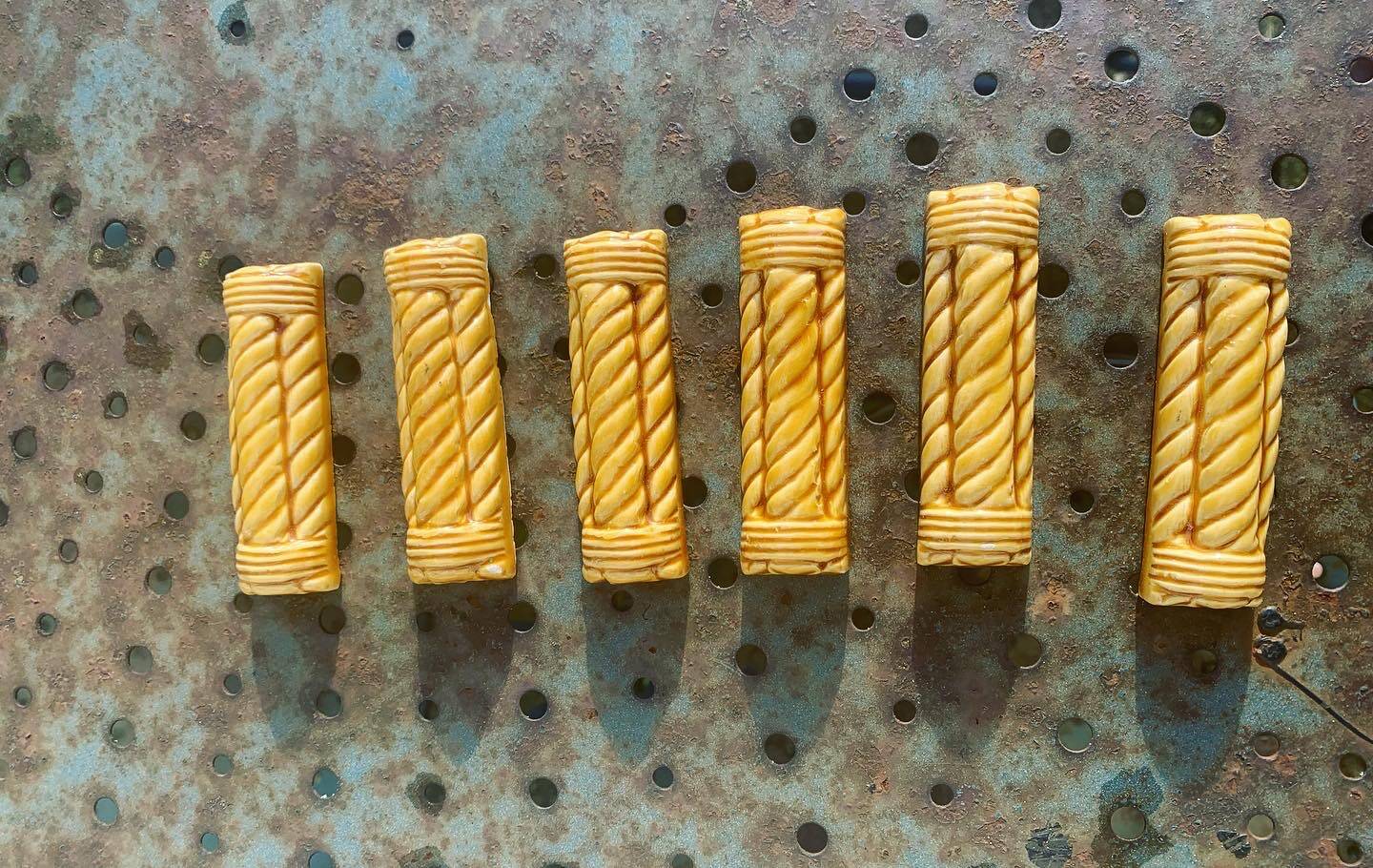 6 enameled ceramic knife holders, slip, vintage golden yellow