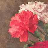 Tableau ancien bouquet de roses et oeillets 1900