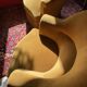 Paire de fauteuils crapaud jaune beige velours frange