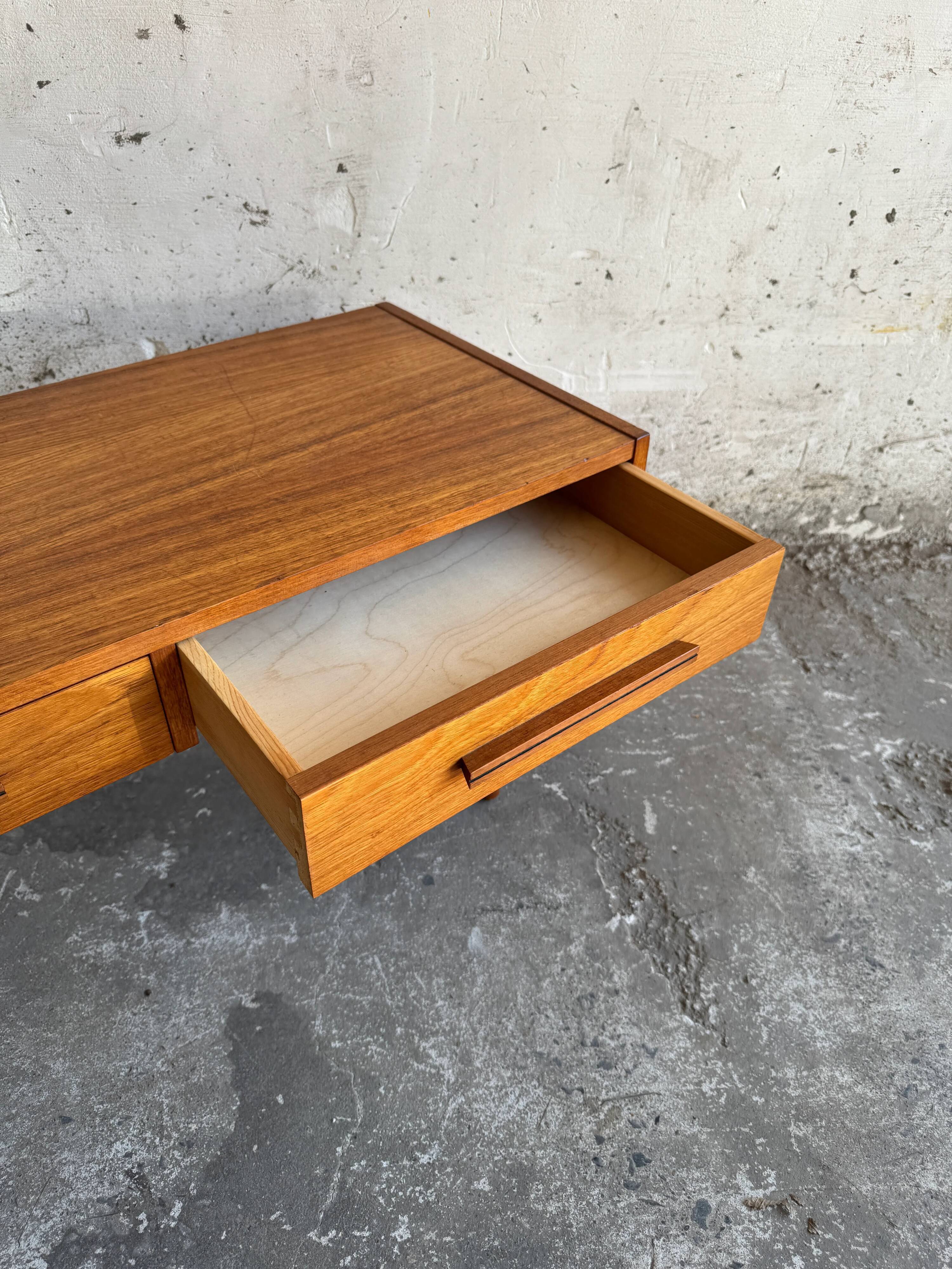 Low Danish Teak Cabinet by Millenium Design — Warm Teak Veneer, Two Drawers, Tapered Legs