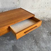 Low Danish Teak Cabinet by Millenium Design — Warm Teak Veneer, Two Drawers, Tapered Legs