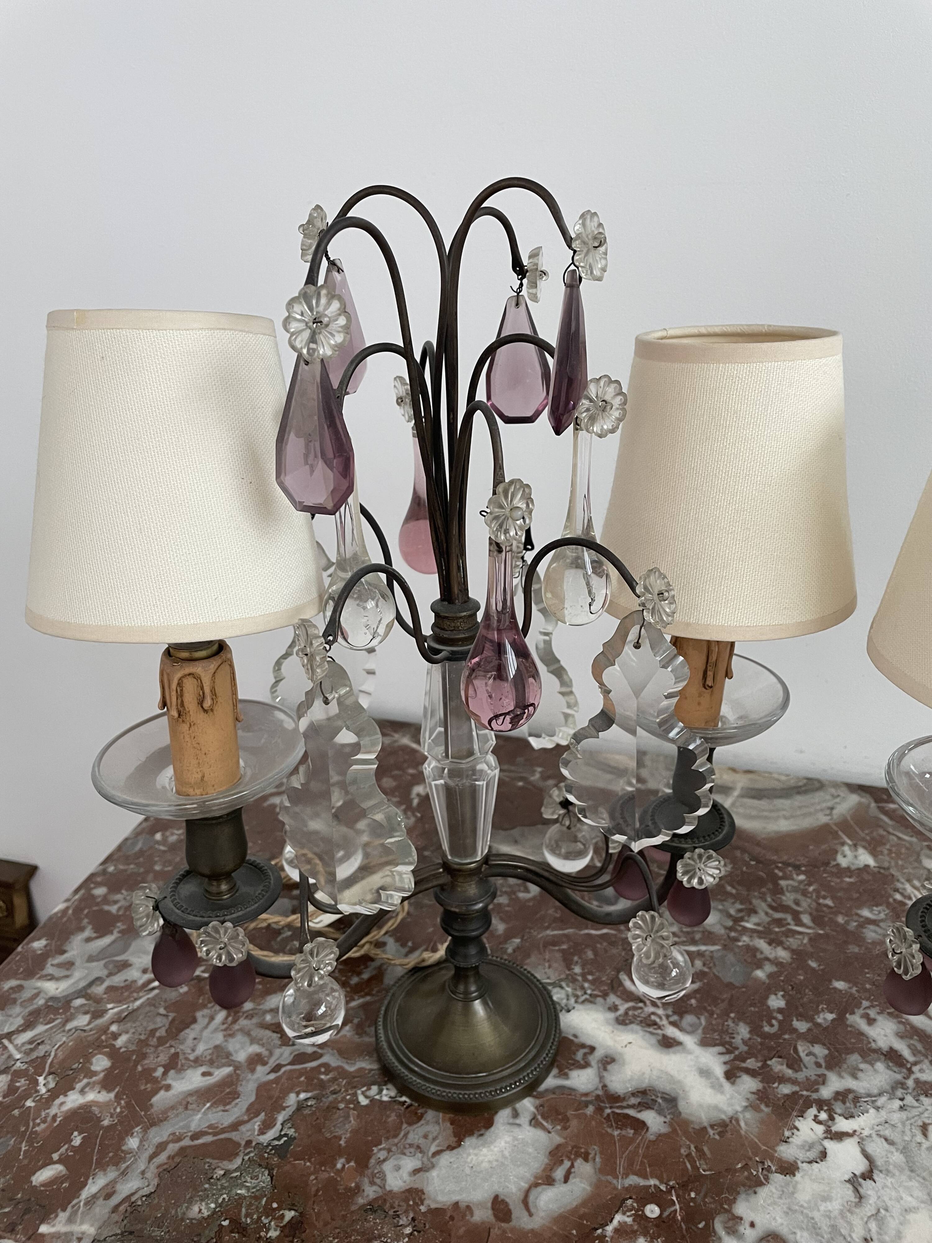 pair of chandeliers, lamp, silver-plated metal, crystal, tassels, florets, pendant, rosettes