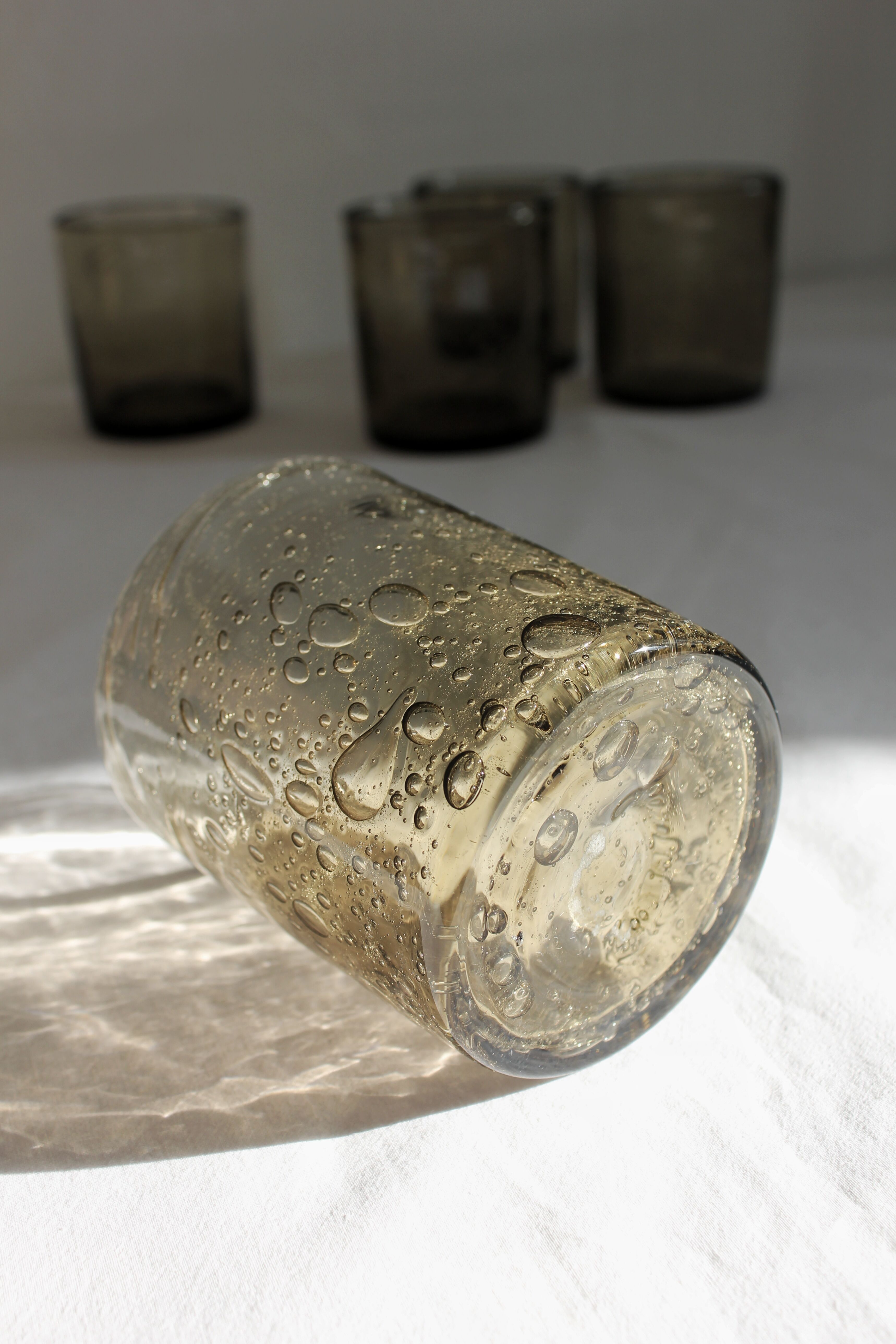 5 vintage water glasses in smoked bubbled glass