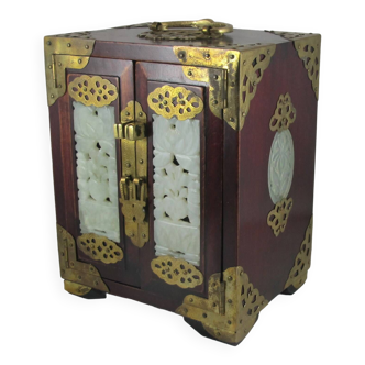 Chinese wooden jewelry box decorated with jade plaques