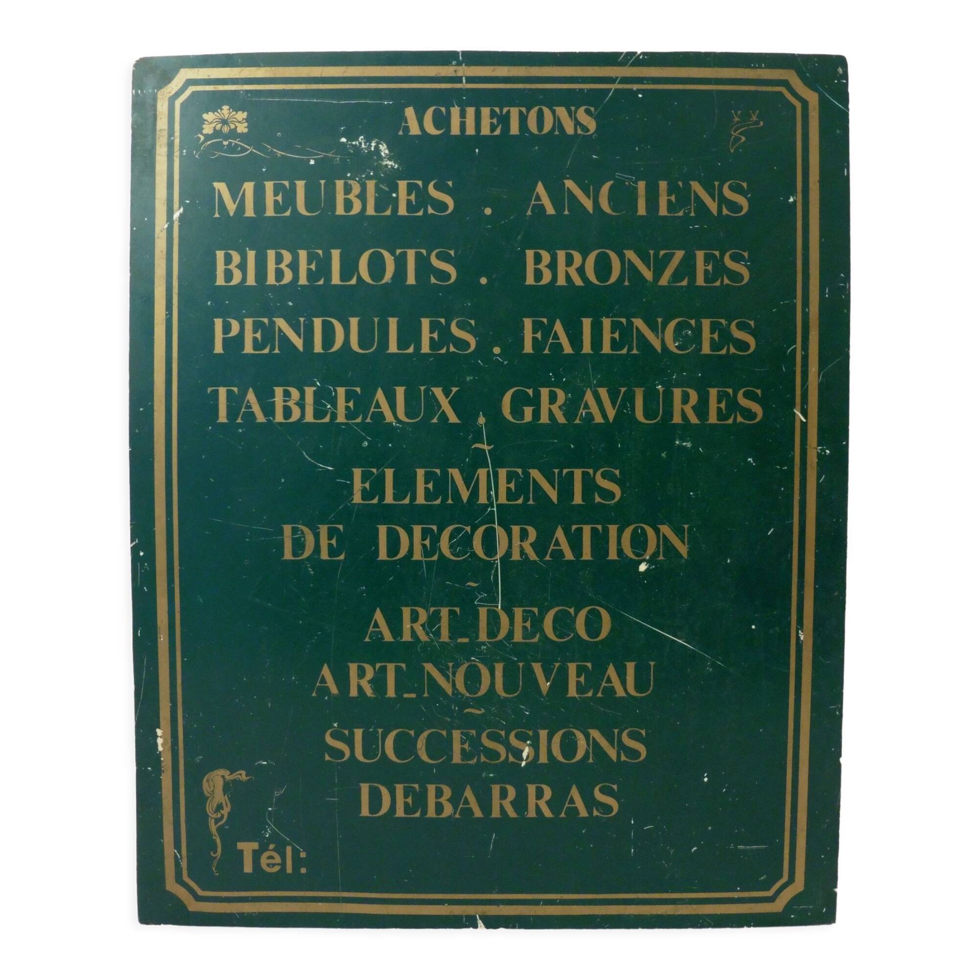 Plaque publicitaire en glaçoïde pour Antiquaire ou Brocanteur