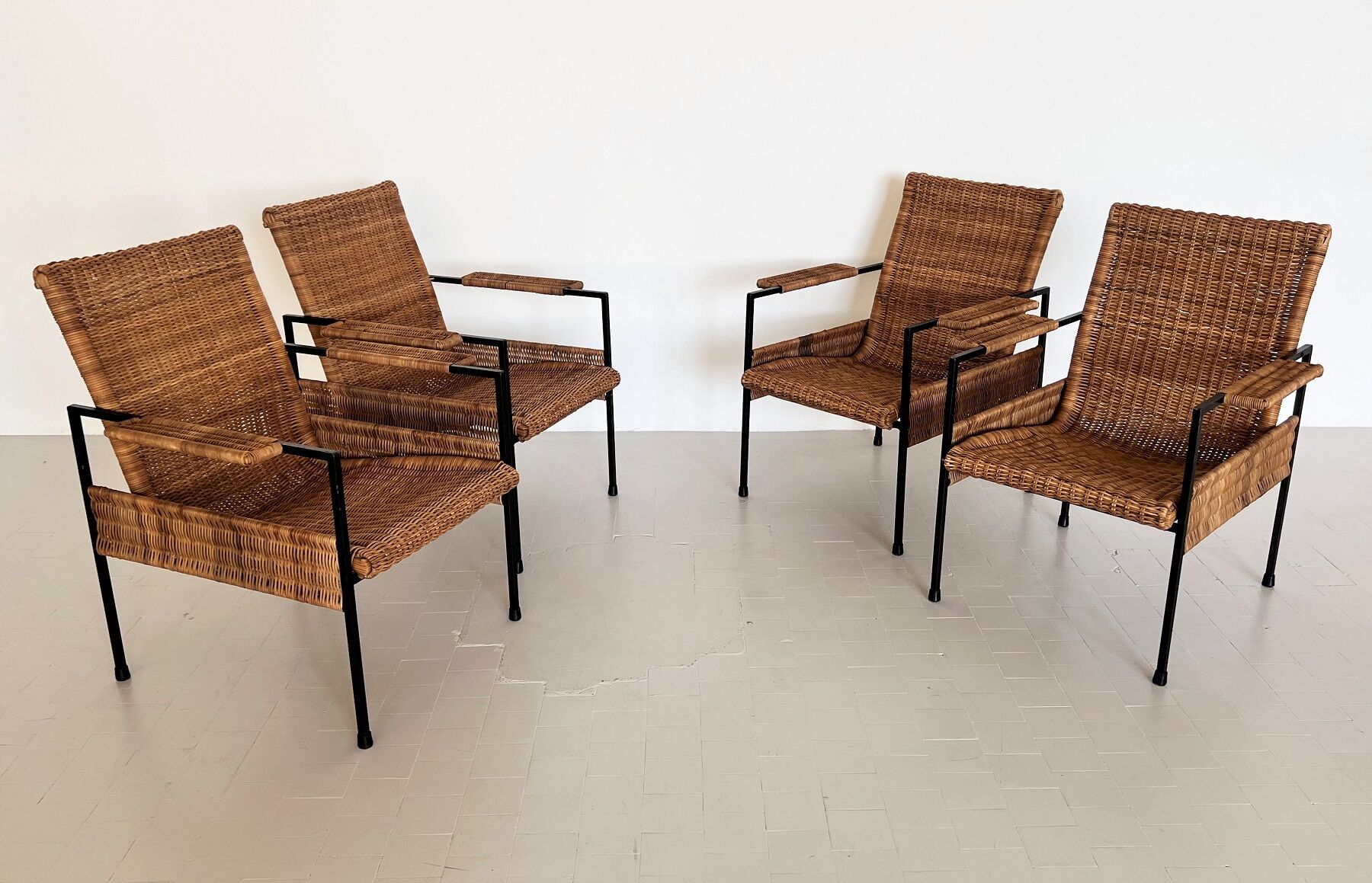 Rattan wicker and iron lounge chairs, set of 4