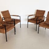 Rattan wicker and iron lounge chairs, set of 4