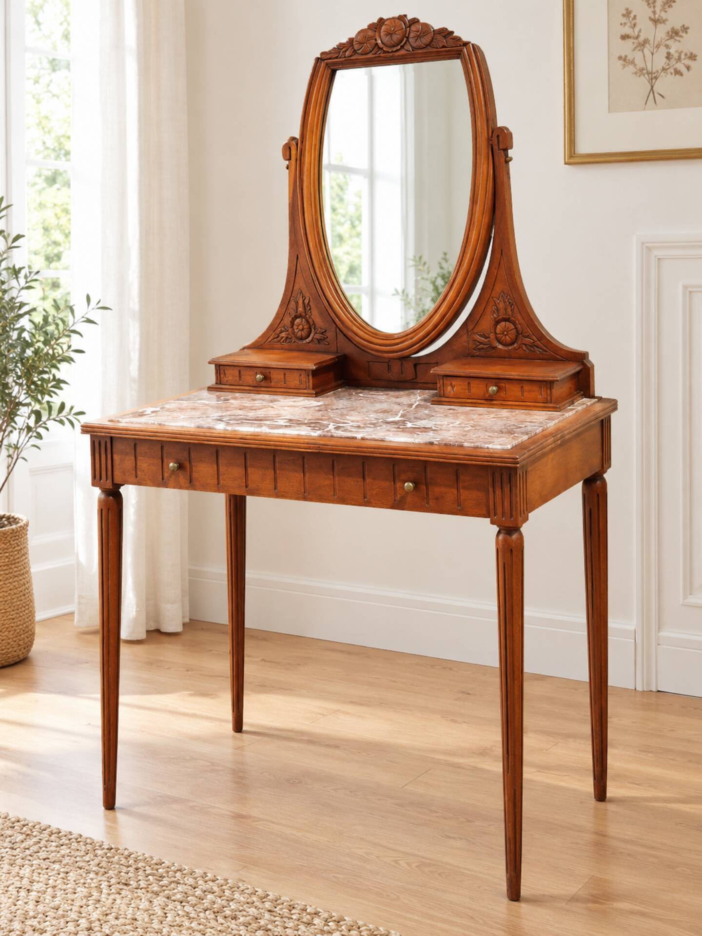 Art Deco dressing table in oak and red marble, 1920s-30s.