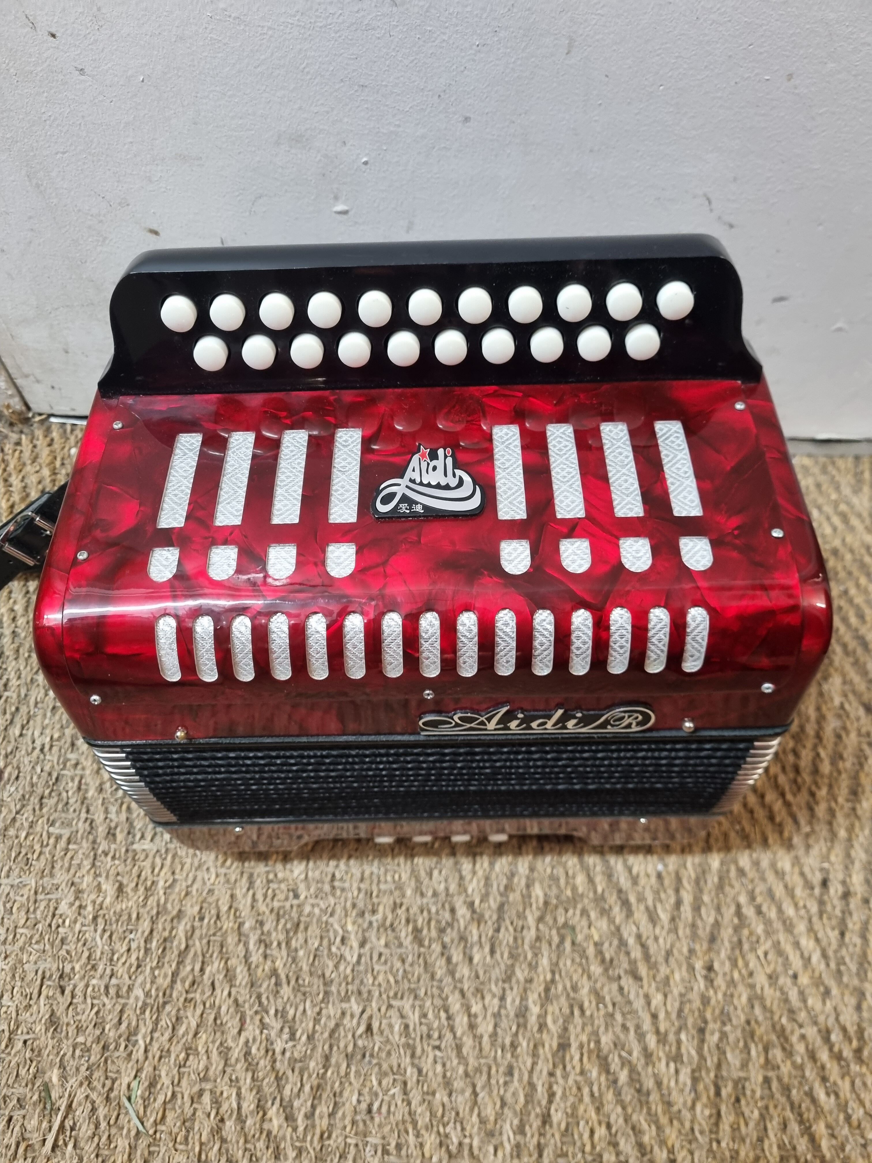 Red Aidi R accordion in his suitcase