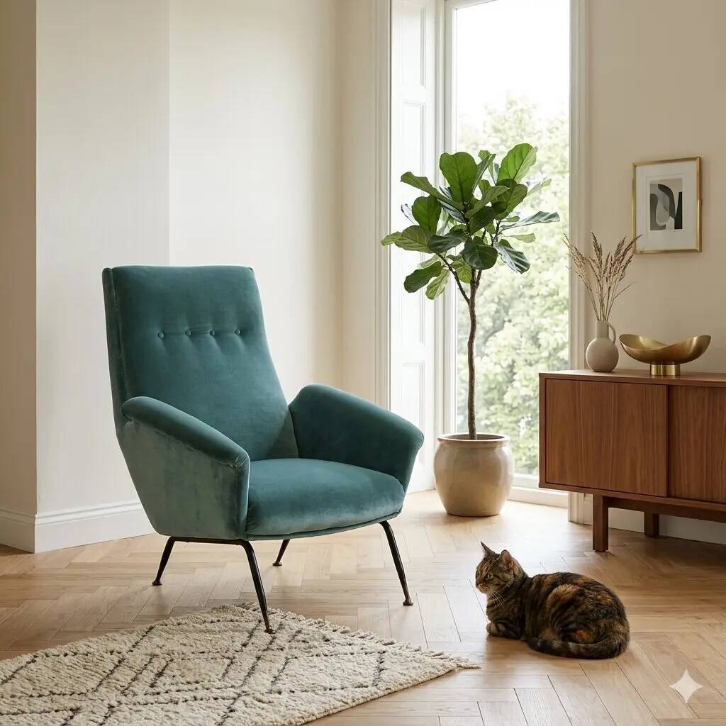 Vintage velvet and brass armchair, design, Italy, 1950s-1960s
