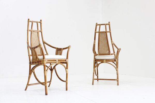 Fauteuils vintage en bambou et rotin avec coussins bouclés, années 1970, lot de 2