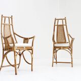 Vintage Bamboo and Rattan Armchairs with Bouclé Cushions, 1970s , set of 2