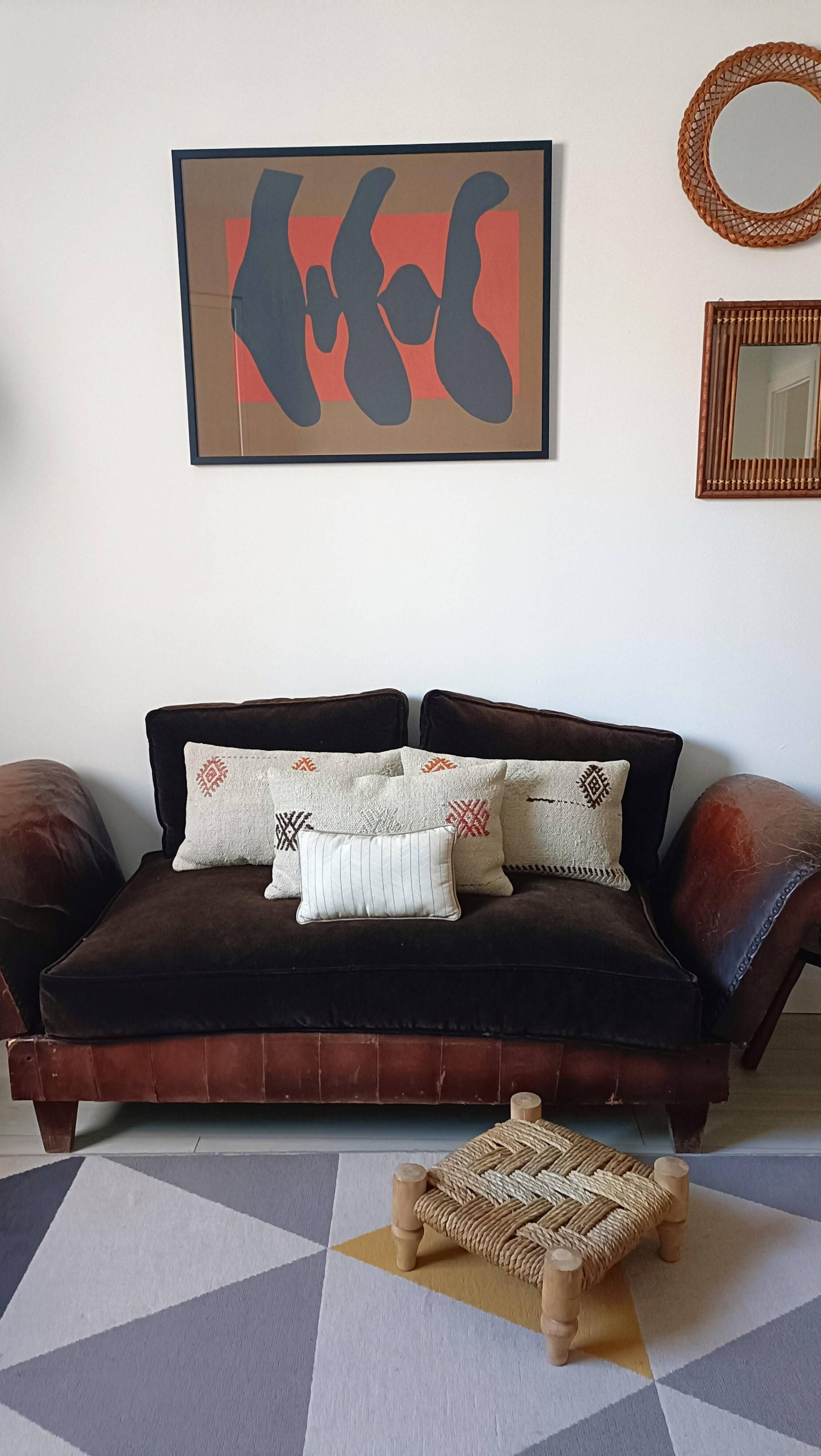 Organic Modern Turned Wood and Rope Footstool in the Style of Charlotte Perriand