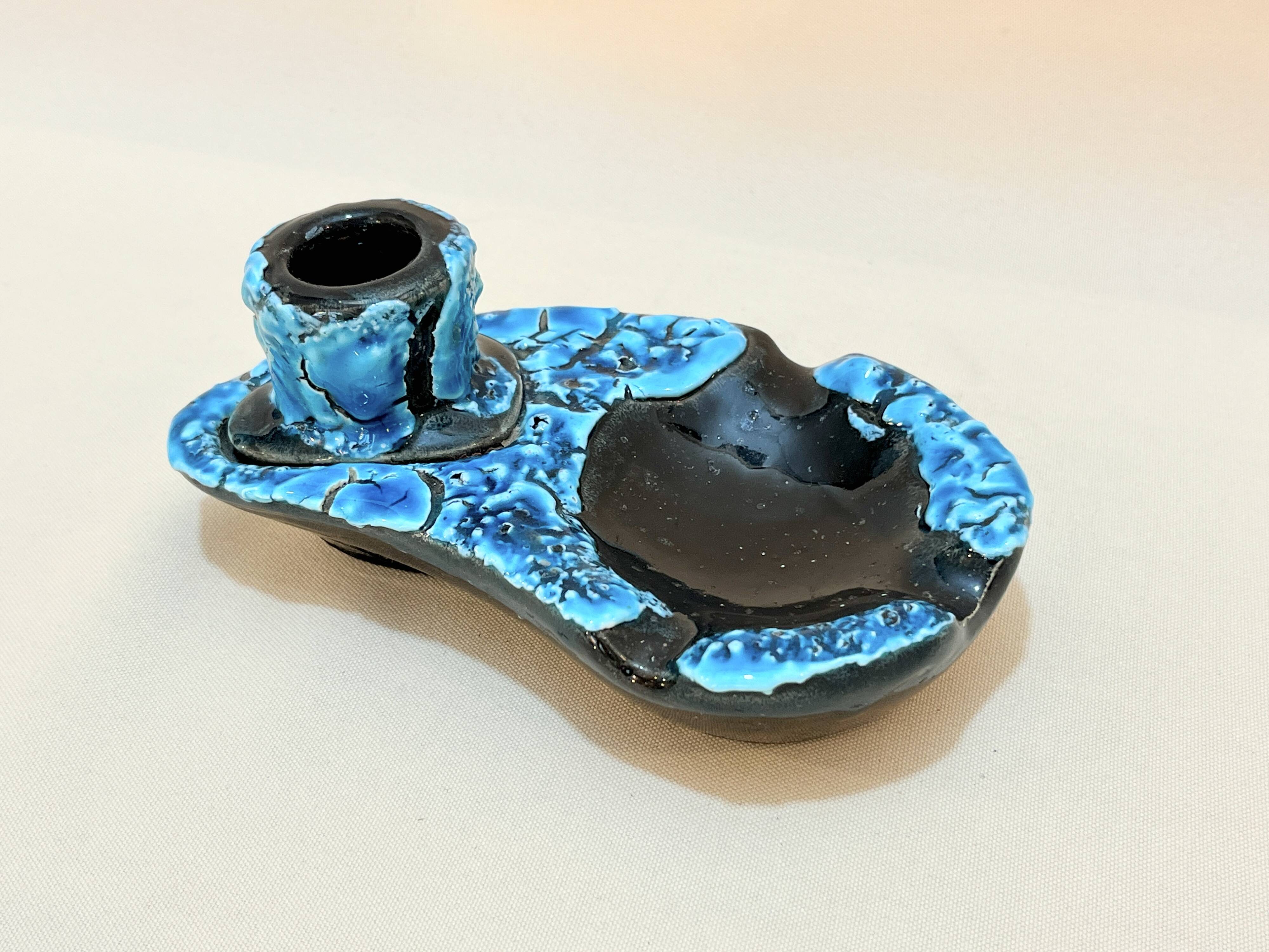 Candle holder ashtray blue fat lava glacier enamels cyclops ceramic pottery Annecy