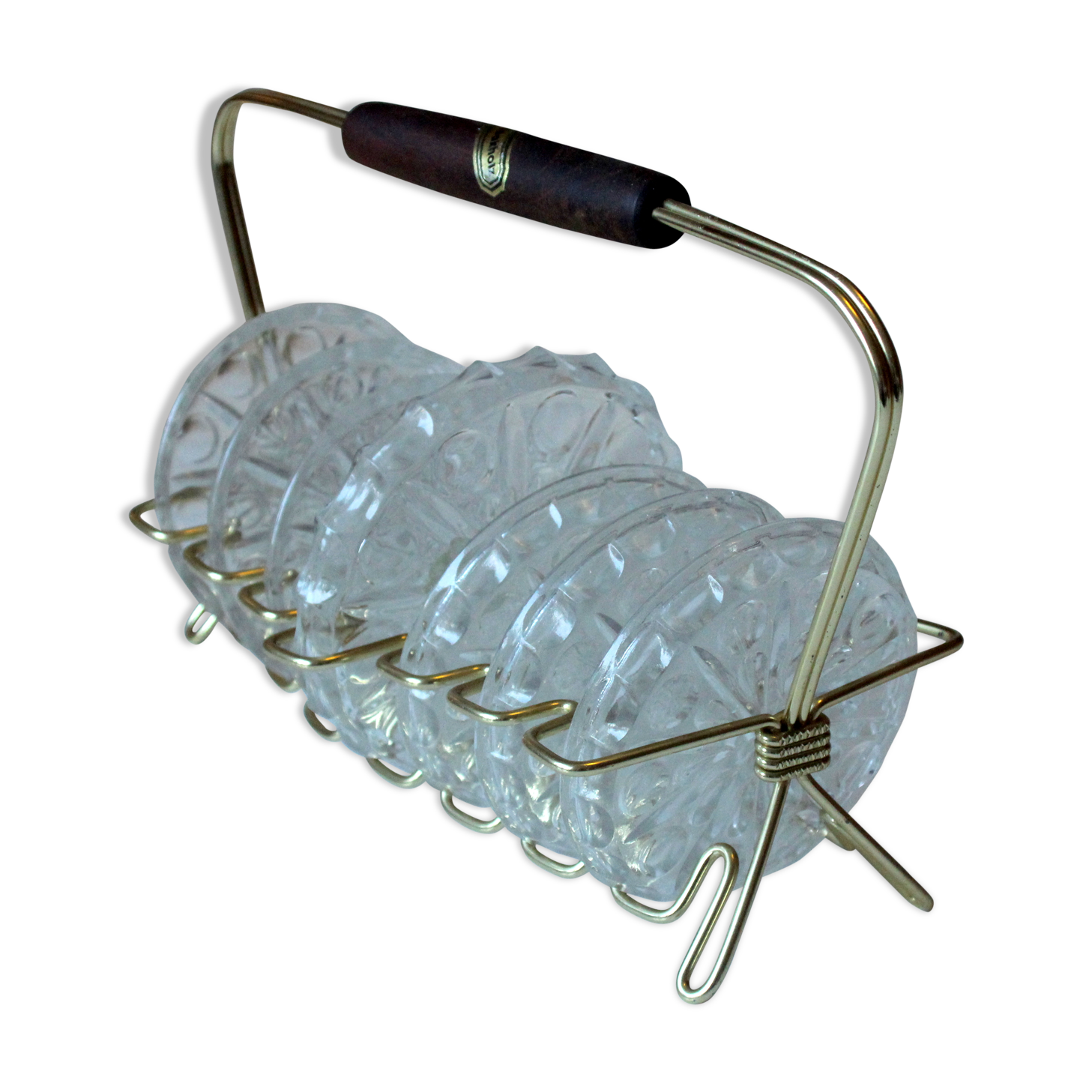 Set de 7 sous-verres en verre cristal plomb dans un support en laiton avec poignée en teck rockabilly vintage des années 1960