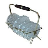 Set de 7 sous-verres en verre cristal plomb dans un support en laiton avec poignée en teck rockabilly vintage des années 1960