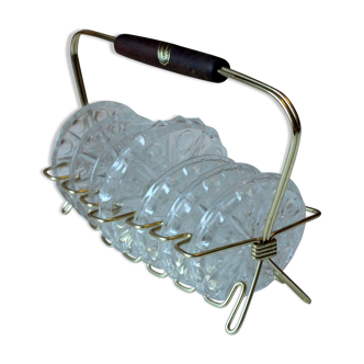 7 lead crystal glass coaster in a brass stand with teak handle, rockabilly vintage from the 1960s