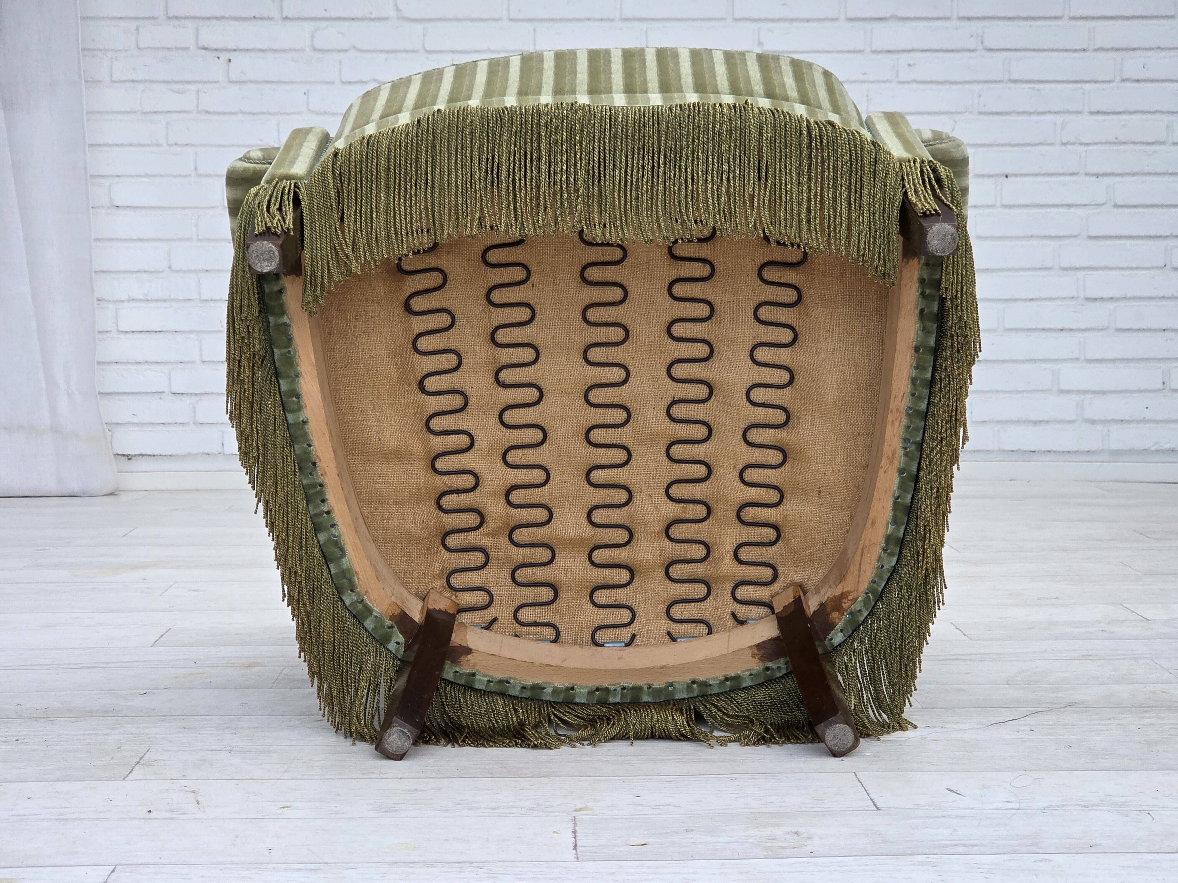 1960s, Danish armchair, original striped furniture velour, beech wood legs.