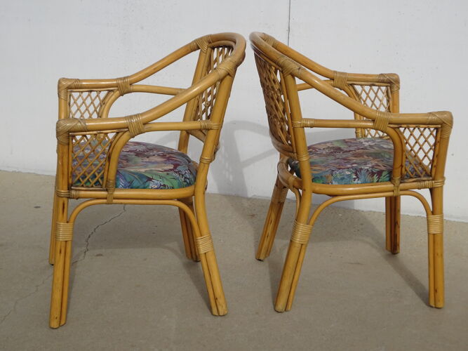 2 fauteuils en rotin, des années 80's, avec table basse upcycling