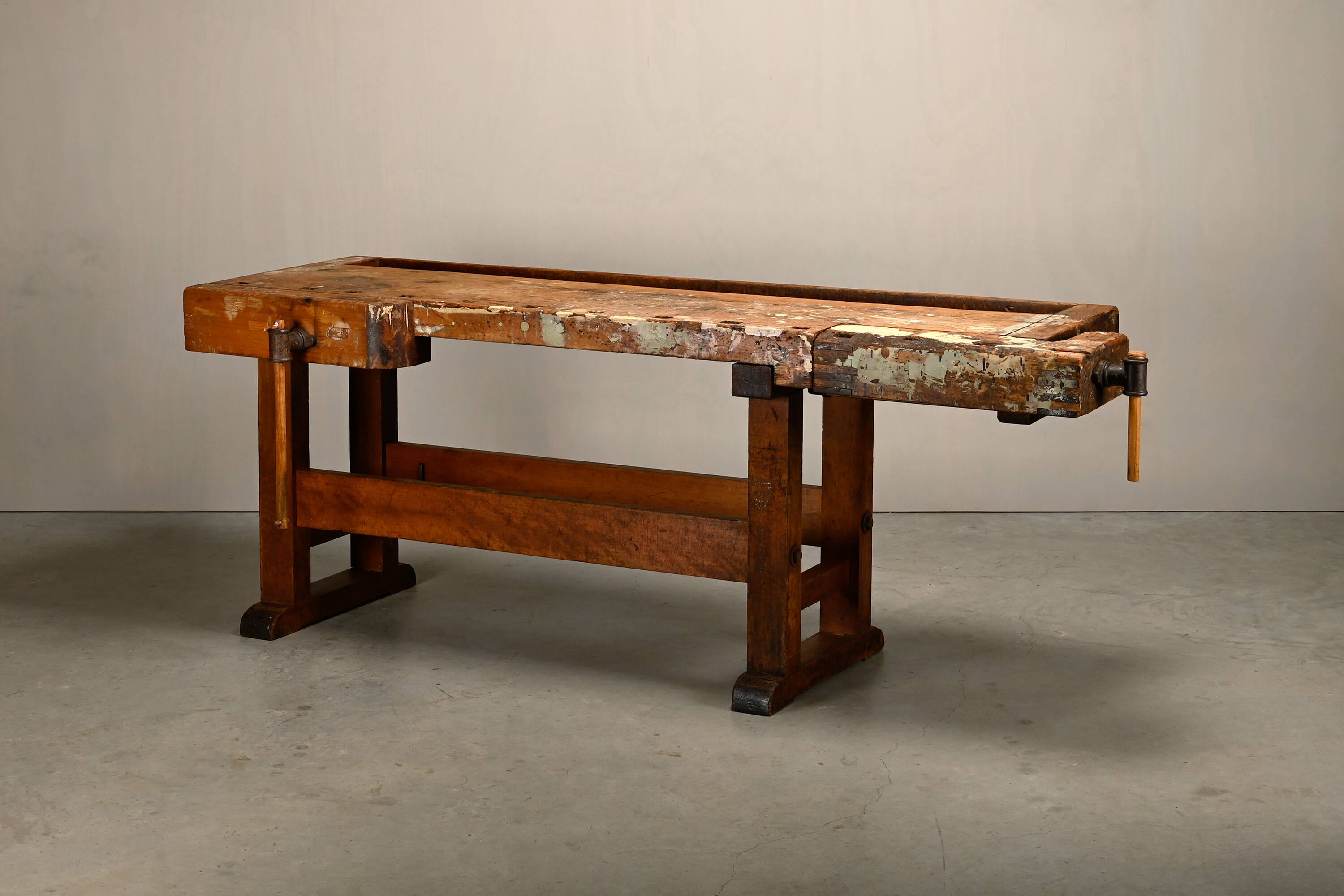 Vintage Wooden Industrial Rustic Carpenter’s Workbench with Two Vises