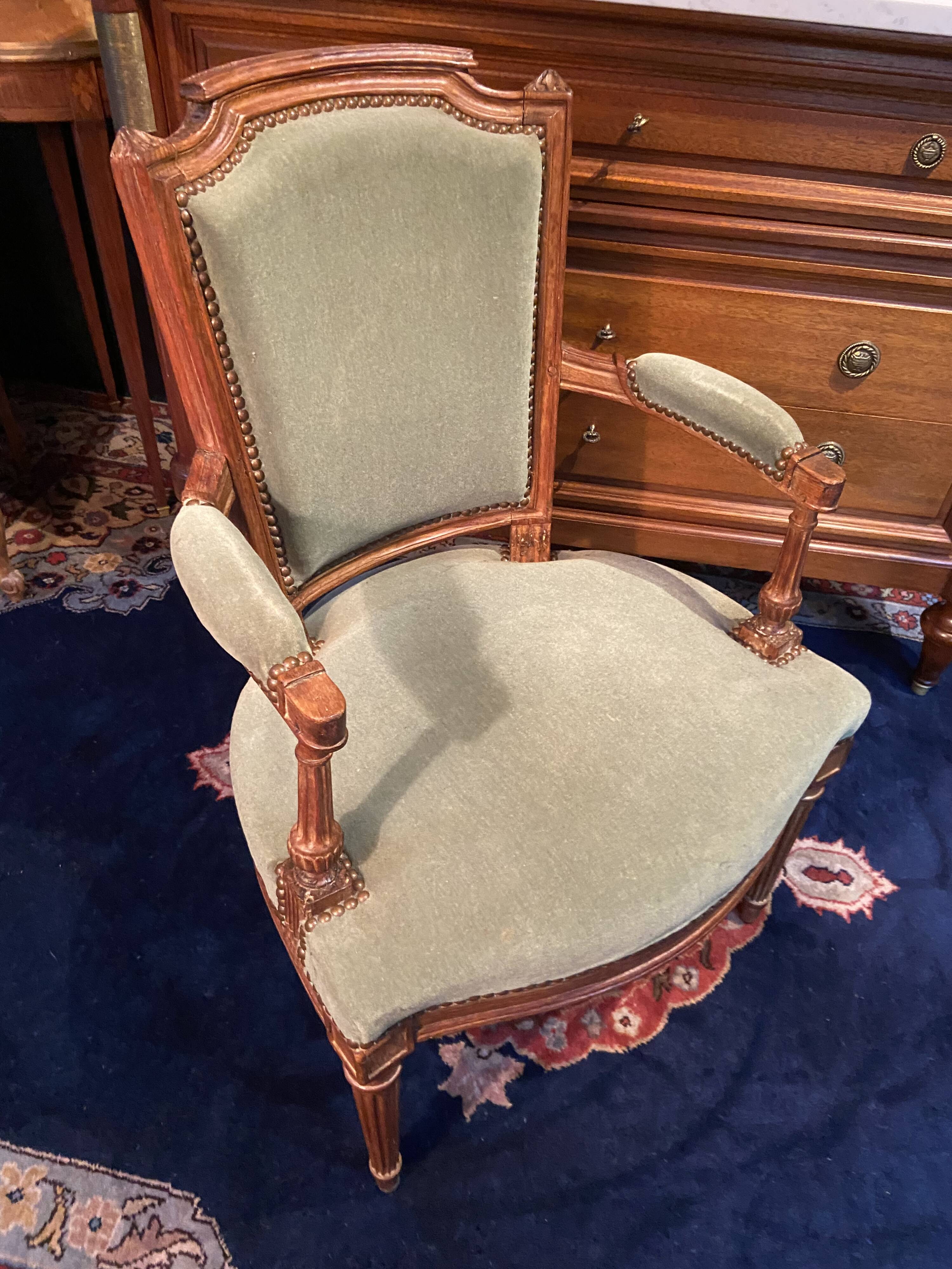 18th century Louis XVI green velvet cabriolet armchair