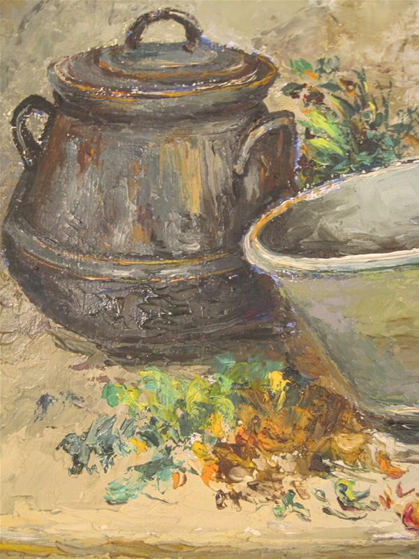 Peinture huile nature morte scène cuisine signé alphonsine bouquet 1951