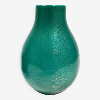 Vase vintage en verre algue vert avec feuille d'or par tomaso buzzi pour venini