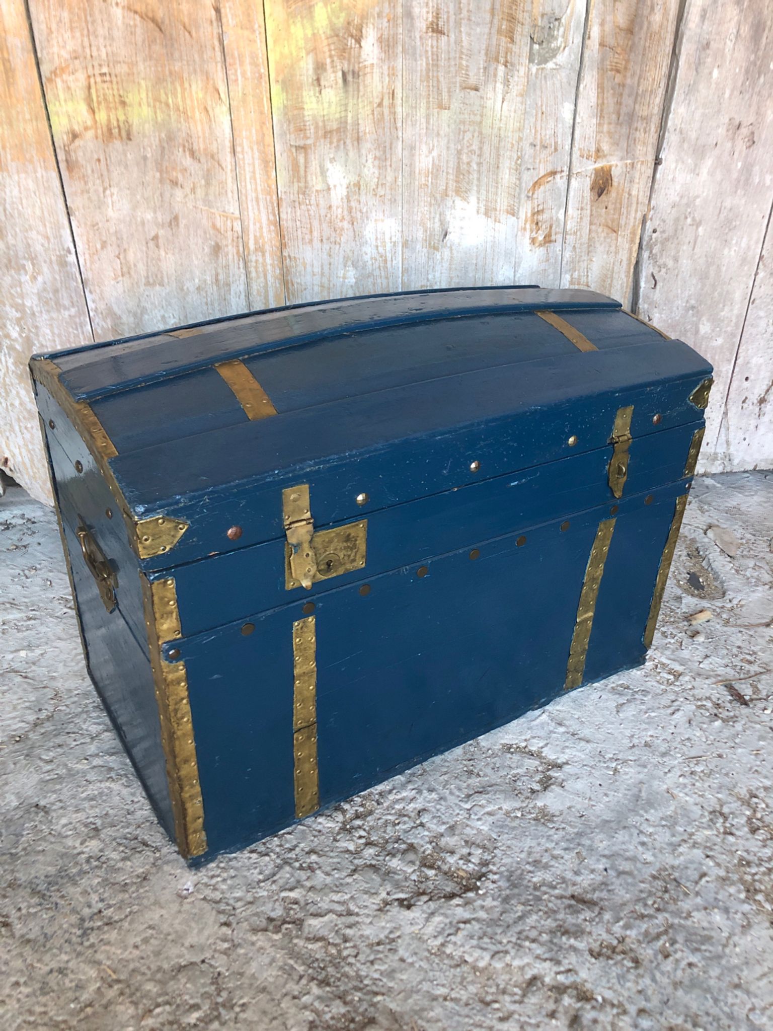 Old vintage blue & gold wood storage chest #a127