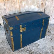 Old vintage blue & gold wood storage chest #a127