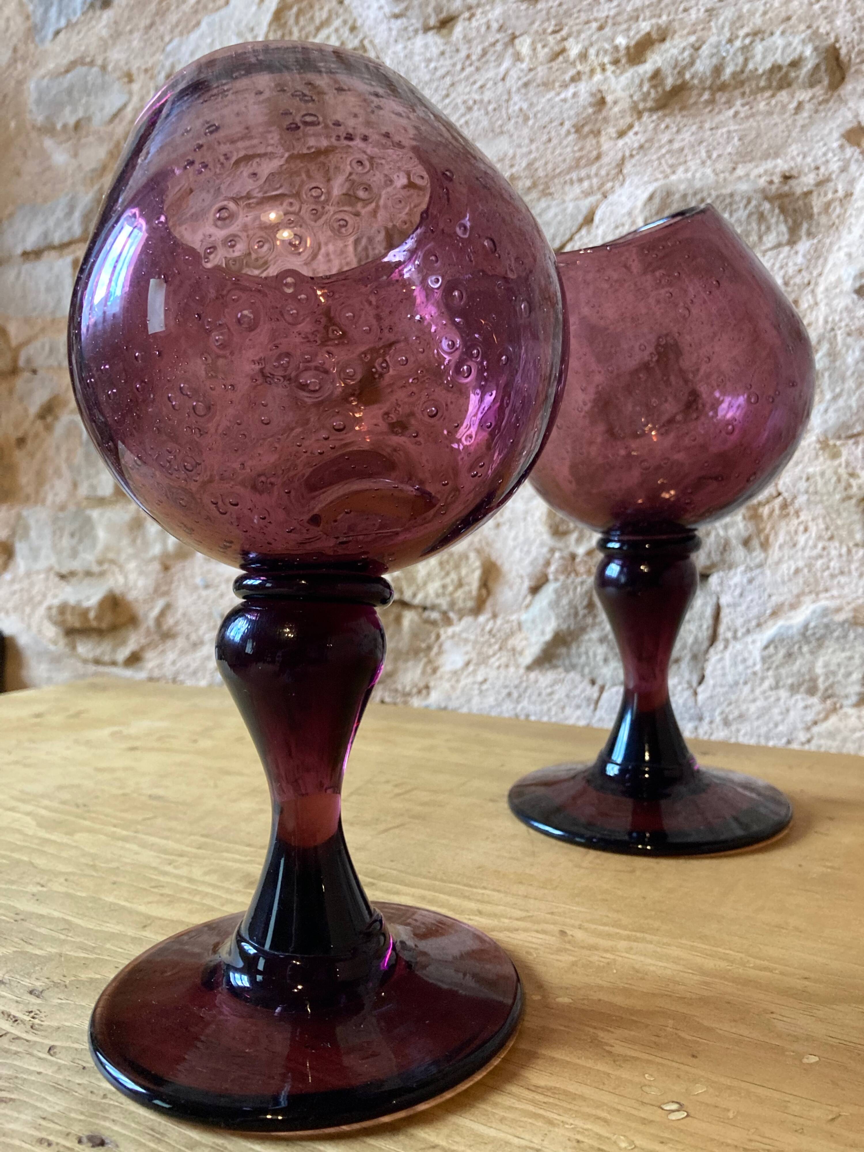 Duo of purple tinted bubbled glass cups