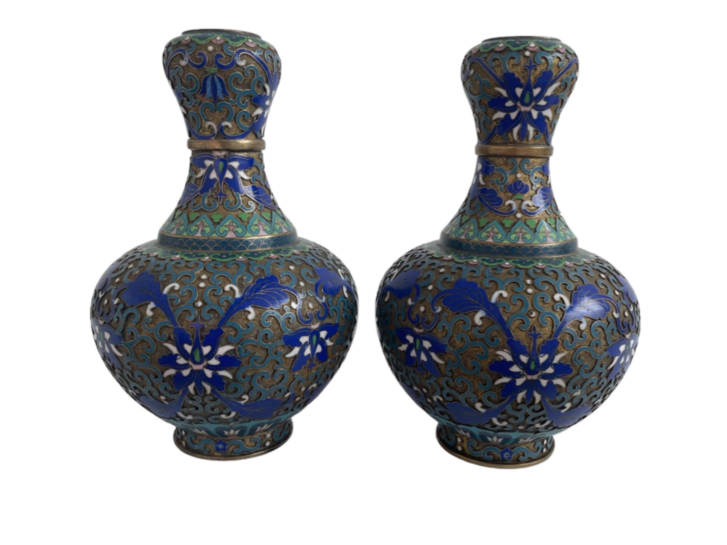Vintage, pair of vases, Chinese, cloisonné metal, enameled, polychrome floral decor, golden hoop