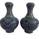 Vintage, pair of vases, Chinese, cloisonné metal, enameled, polychrome floral decor, golden hoop