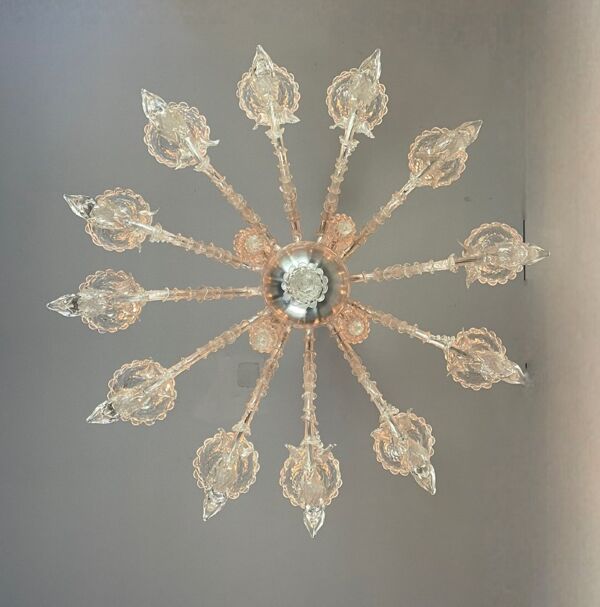Lustre vénitien en verre de murano transparent, 12 bras de lumière