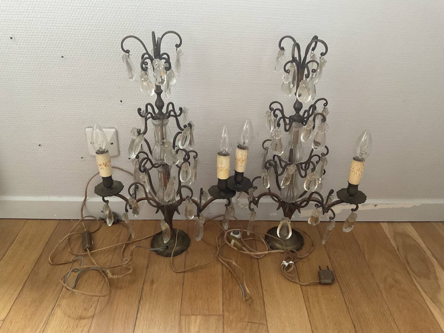 Pair of vintage bronze crystal chandeliers