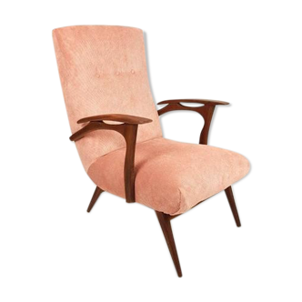 Pink ribbed fabric teak armchair upholstered