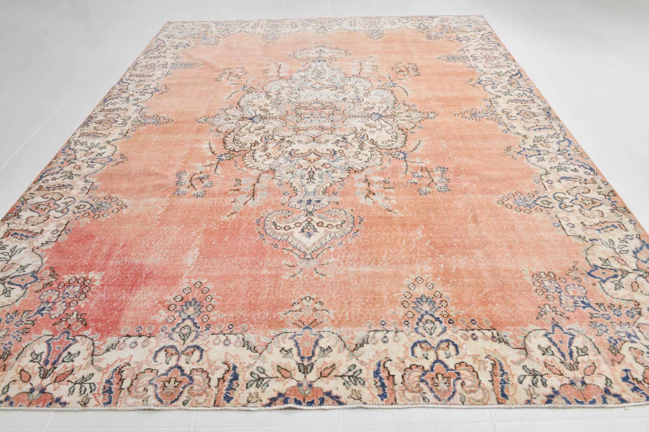 Faded Salmon Vintage Large Antique Rug For Living Room, 261x350 Cm