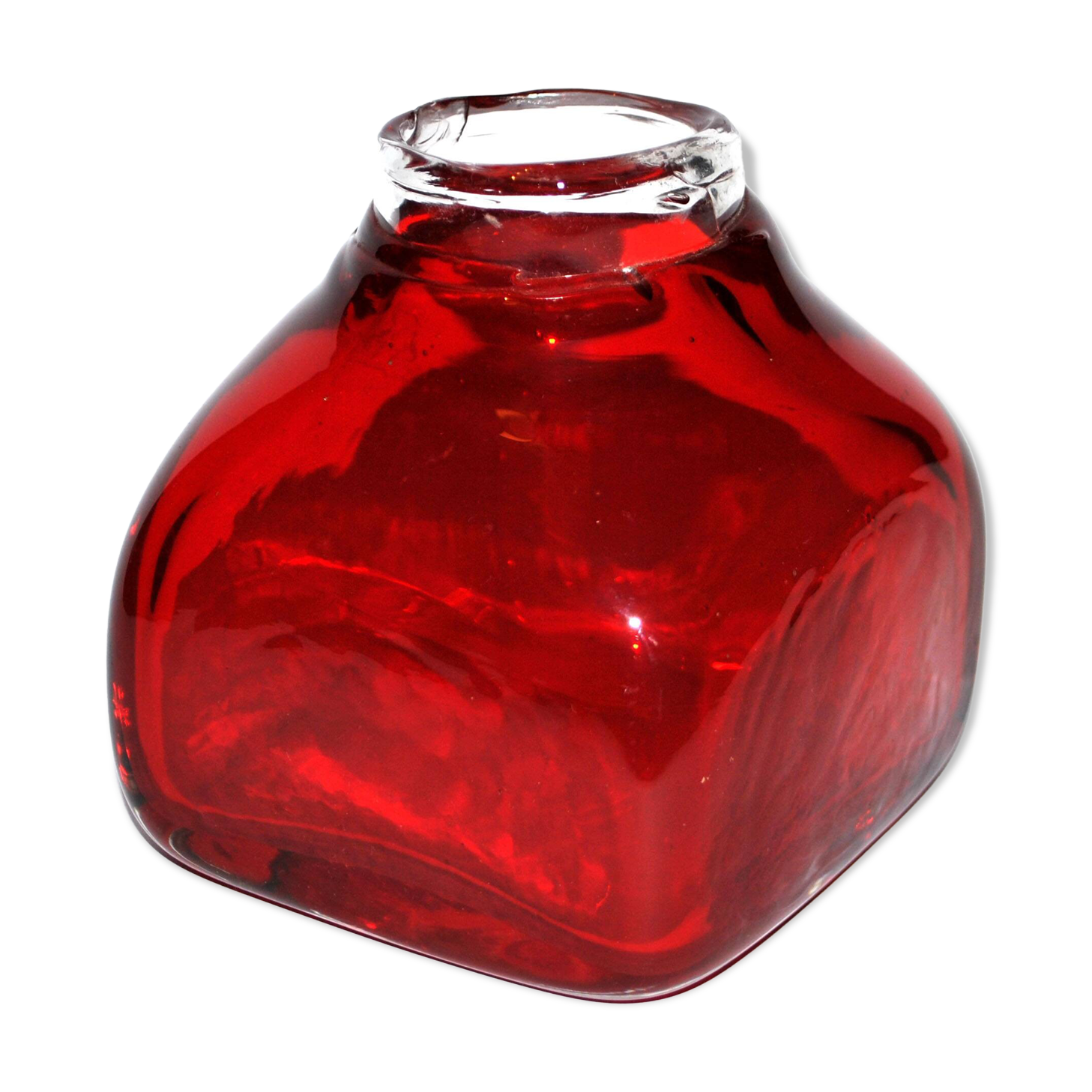 DESIGN square vase in red lined blown glass 11cm dlg Whitefriars