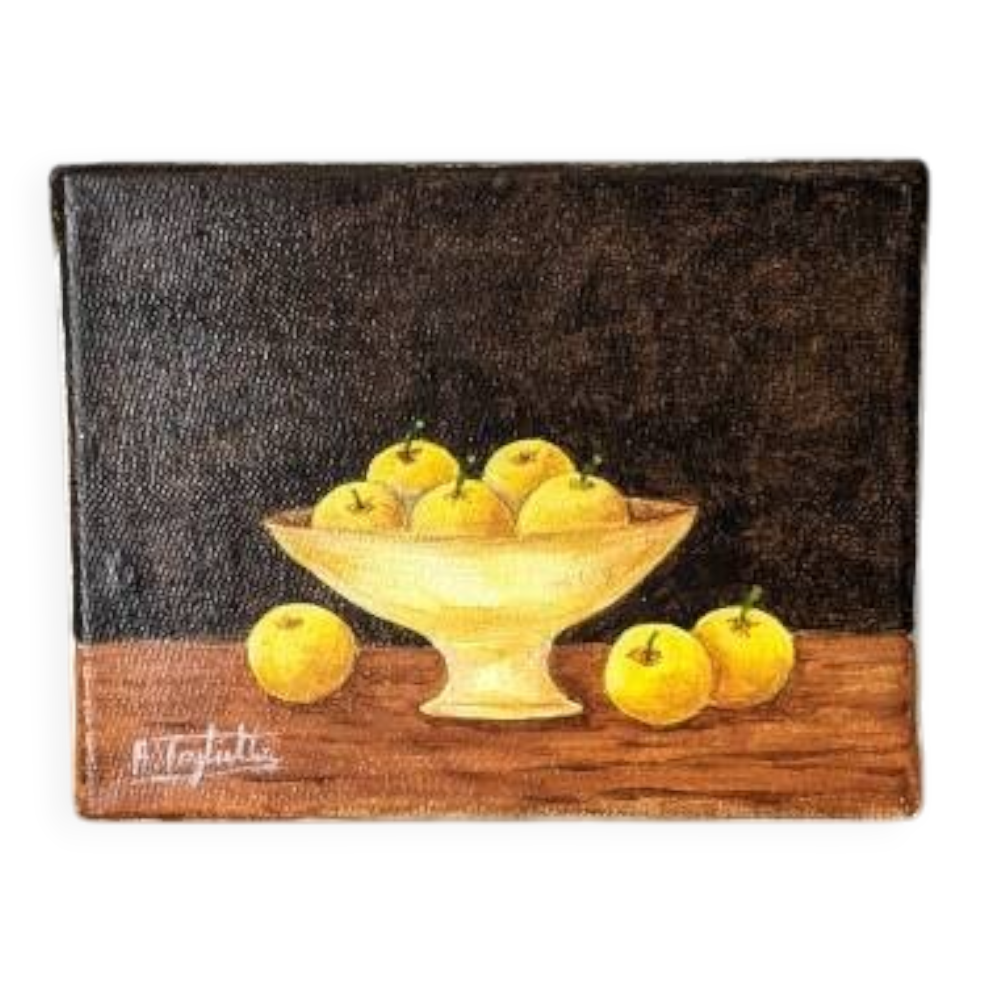 Petit tableau huile sur toile nature morte jaune & marron esprit campagne