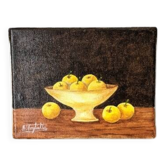 Petit tableau huile sur toile nature morte jaune & marron esprit campagne