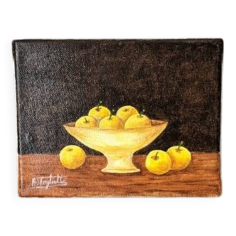 Small oil painting on canvas, still life, yellow & brown, country style