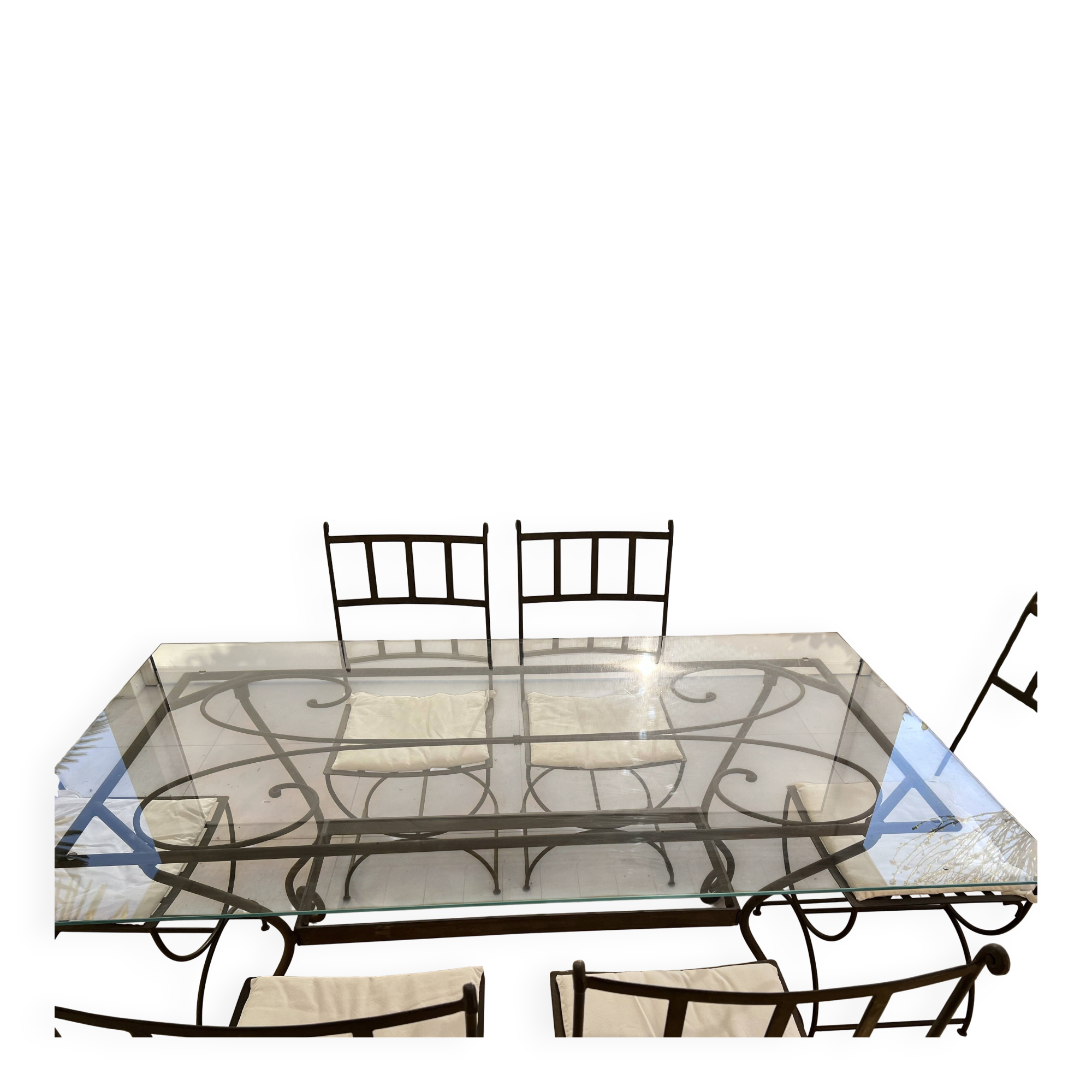 Table de terrasse plateau en verre + 6 chaises en fer forgé