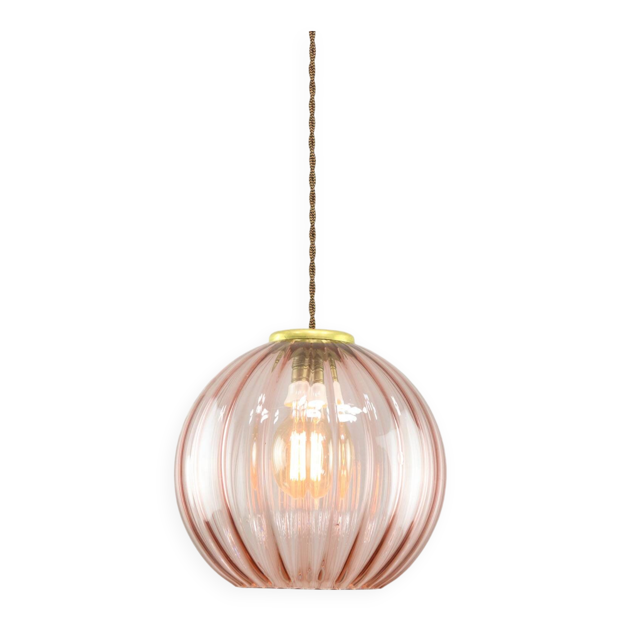 Mid-Century Italian Pink Glass and Brass Pendant Lamp