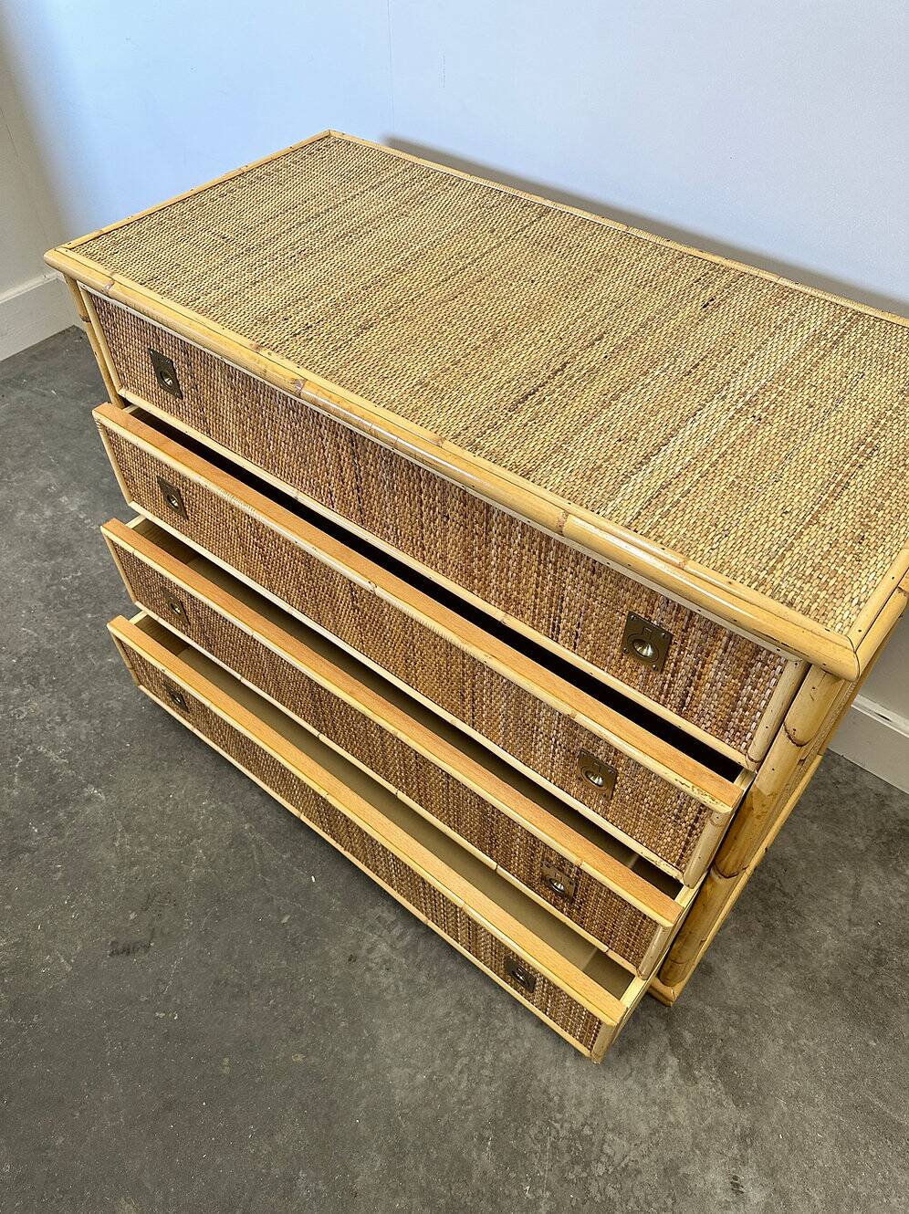 Midcentury bamboo, rattan and brass chest of drawers by Dal Vera, Italy, 1970s