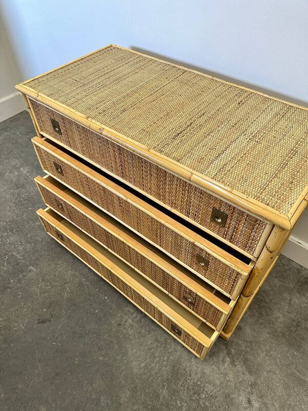 Commode en bambou, rotin et laiton du milieu du siècle par Dal Vera, Italie, années 1970