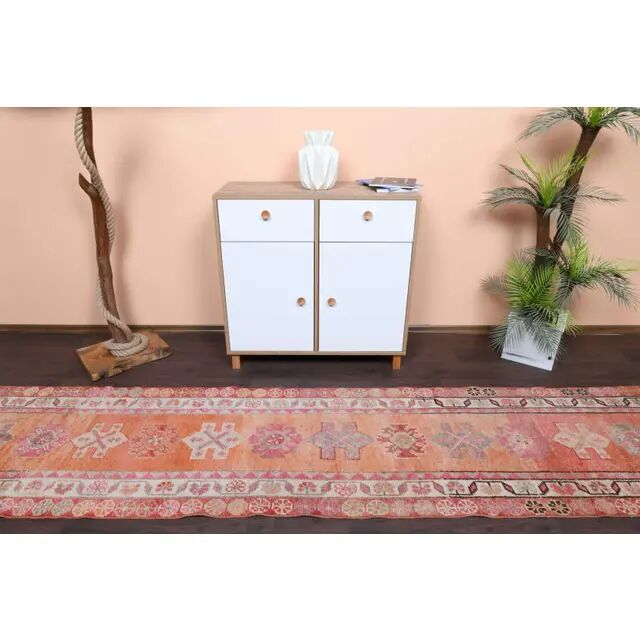 Vintage Turkish Oushak Handmade Wool Cotton Orange Runner Rug 80x372