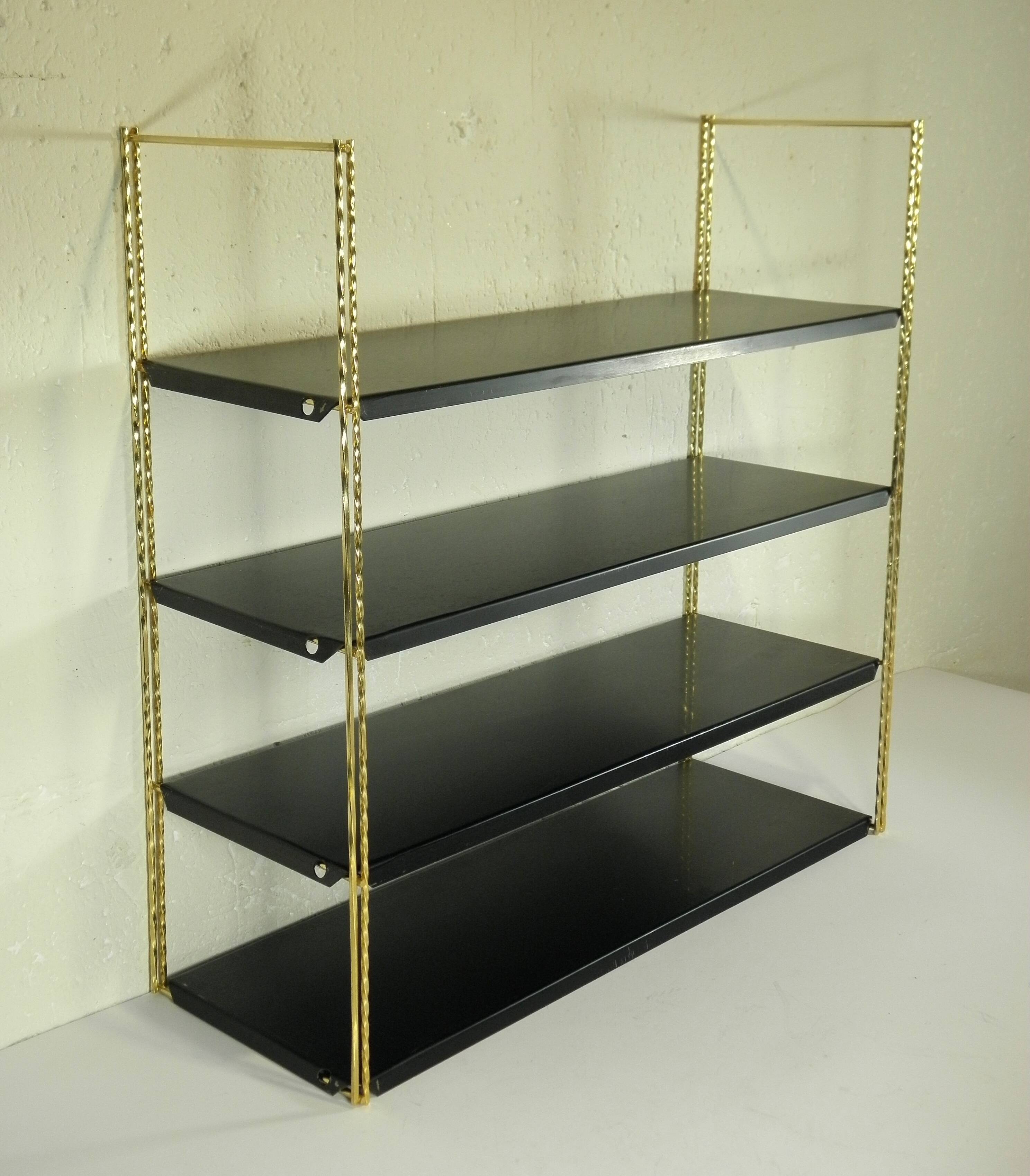 Etagère murale en métal noir et doré, années 60