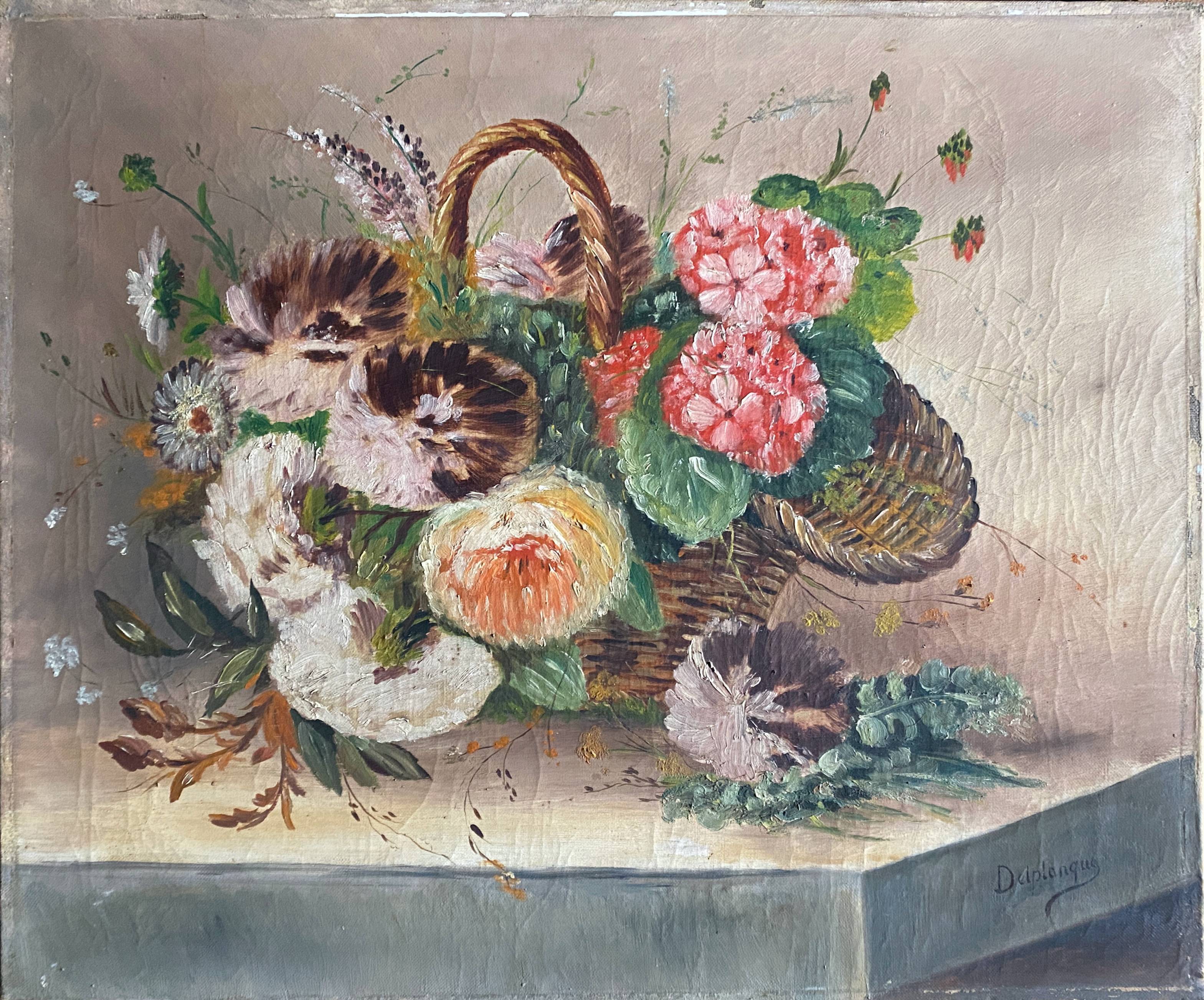 Tableau HST "Bouquet de fleurs des champs au panier" 1900 signé Delplanque