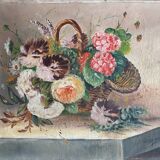 HST painting "Bouquet of wild flowers in basket" 1900 signed Delplanque