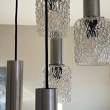 Large suspension chandelier with 5 glass lampshades and aluminium tube.