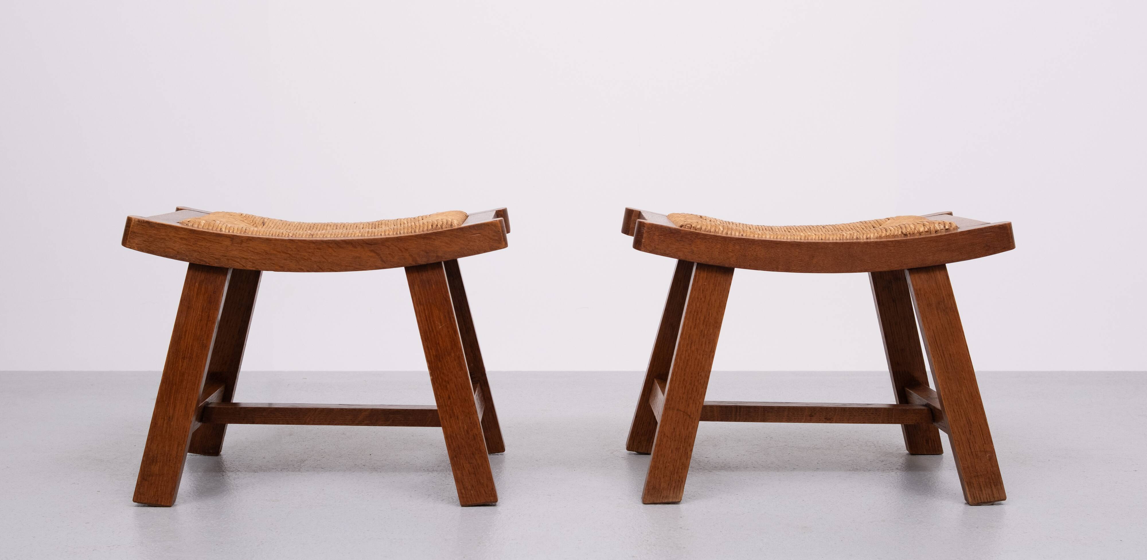 Brutalist curved solid Oak Ottomans 1950s France